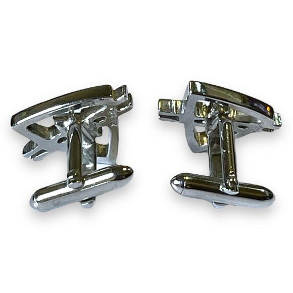 VTG Swank Cufflinks and Tie Bar Silver Tone Blue Glass Art Deco MCM Set Signed - Picture 4 of 8